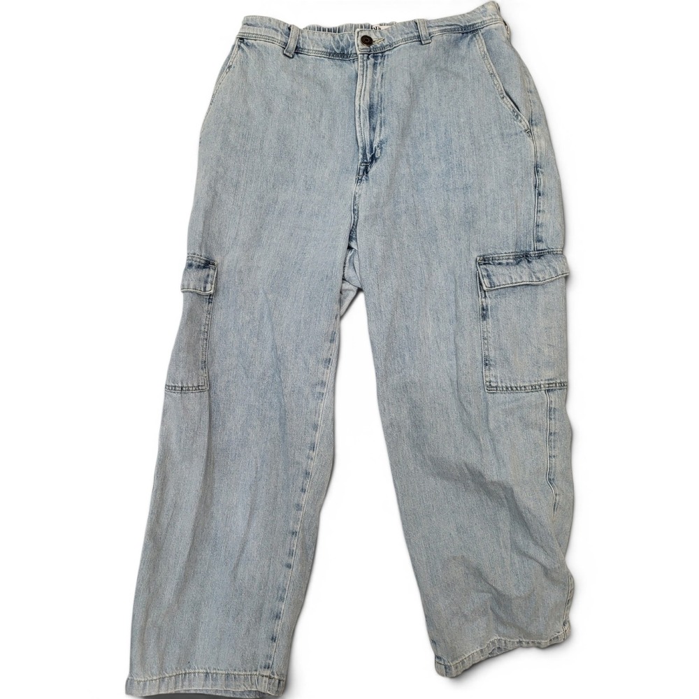 Zara Womens Light Wash Denim High Rise Wide Leg Cargo Jeans Blue Size L